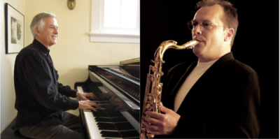 Collage of two photographs arranged side by side. The photograph on the left is of Chris Robinson playing piano in his home. The photograph on the right is of Will Davis playing the saxophone against a black background.